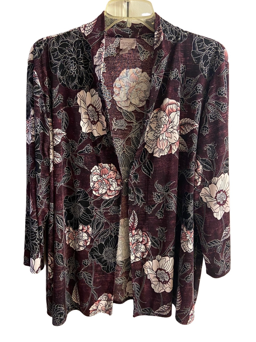 Chico’s Easywear Floral Open Front Cardigan Jacket Burgundy XL